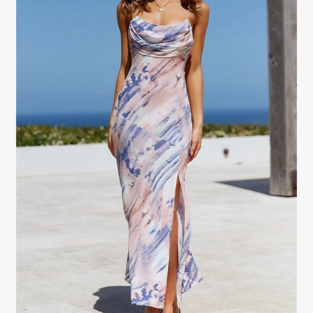 Printed Midi Dress Pleated Bust Front Slit